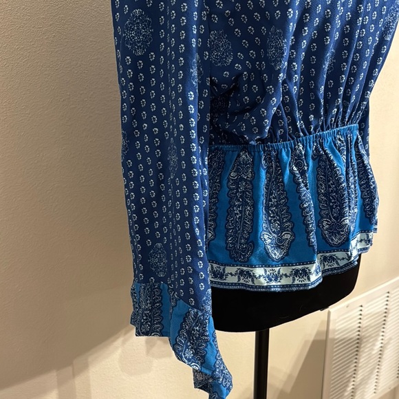 Blue Peplum Blouse with Long Bell Sleeves - Picture 2 of 6